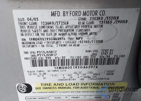 2005 Ford Freestyle Sel from USA, damaged, VIN 1FMDK05195GA63976